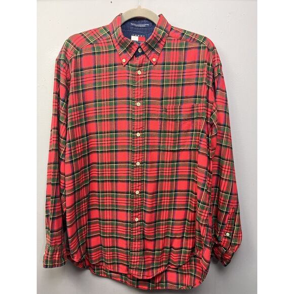 Vtg Tommy Hilfiger Shirt‎ Mens Medium Plaid Red Green Flannel Cotton Button - Picture 1 of 5